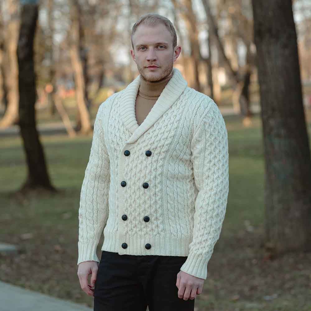 irish cardigan | double breasted shawl collar aran cable knit mens cardigan