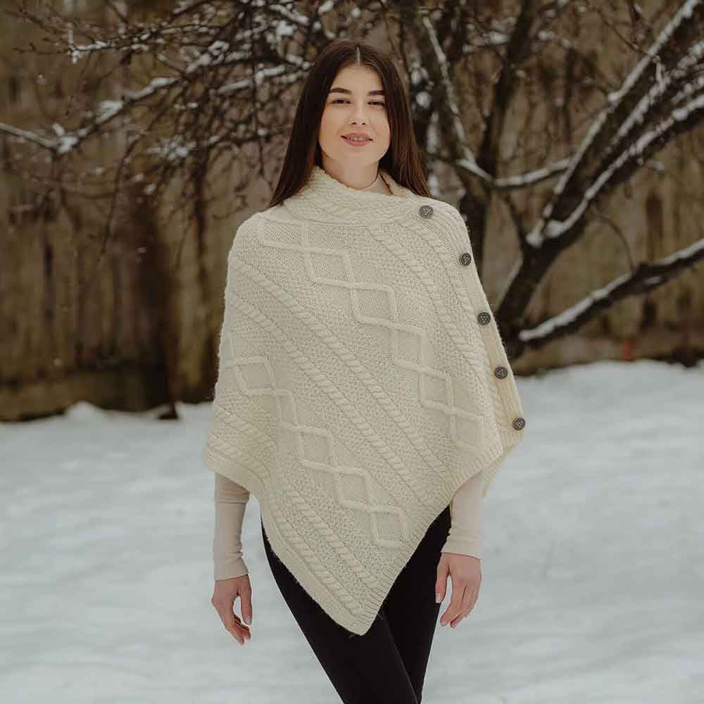 irish shawl | aran cable knit cowl neck celtic button poncho