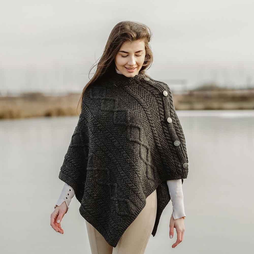 irish shawl | aran cable knit cowl neck celtic button poncho