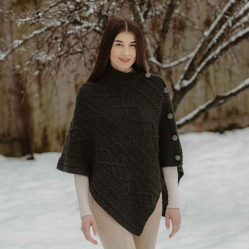 irish shawl | aran cable knit cowl neck celtic button poncho