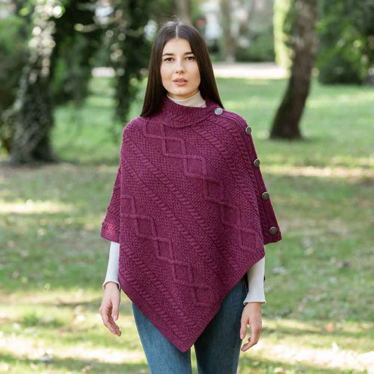 Irish Shawl | Aran Cable Knit Cowl Neck Celtic Button Poncho