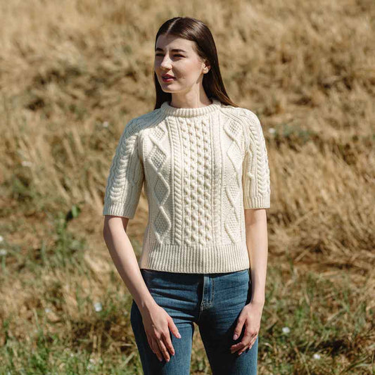 Irish Sweater | Ladies Cable Knit Short Sleeve Aran Sweater