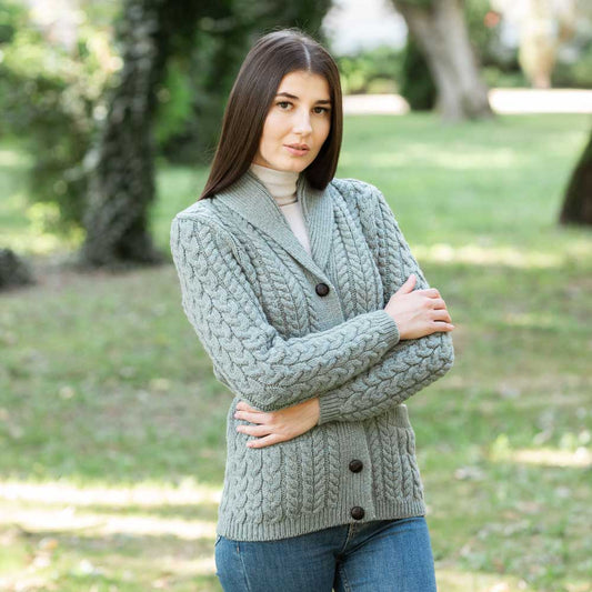 Irish Cardigan | Ladies Aran Knit Shawl Neck Cardigan