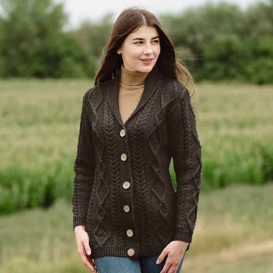 Irish Cardigan | Ladies Aran Knit Shawl Collar Cardigan