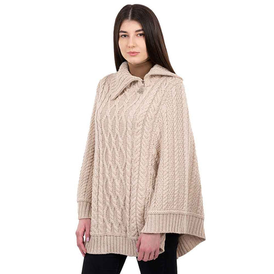 Irish Shawl | Aran Knit Cowl Neck Trinity Zip Poncho