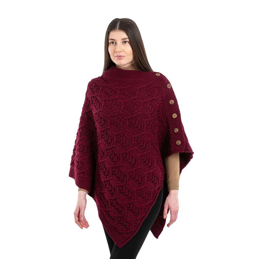 Irish Shawl | Ladies Aran Knit Leaf Button Poncho