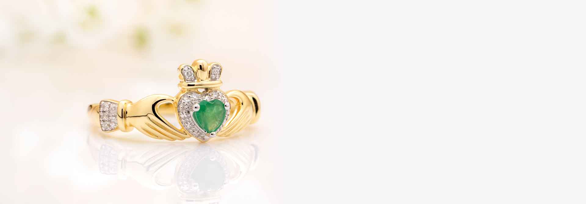 14k Gold Diamond Emerald Heart Claddagh Ring