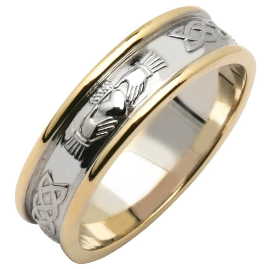 Irish Wedding Ring - Ladies Sterling Silver & 14k Yellow Gold Claddagh Wedding Band