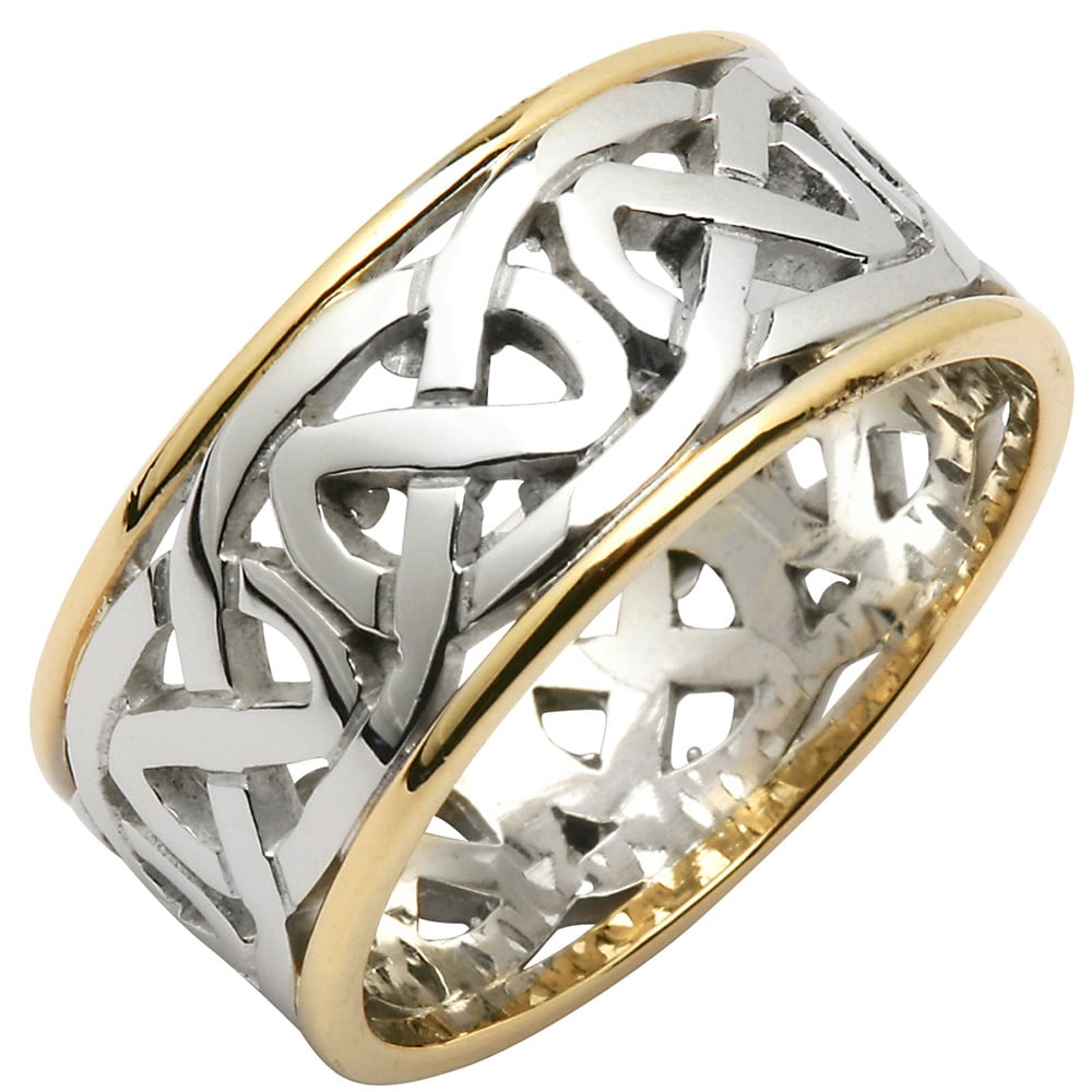 irish wedding ring - ladies celtic knot wide pierced sheelin wedding band with yellow gold rims