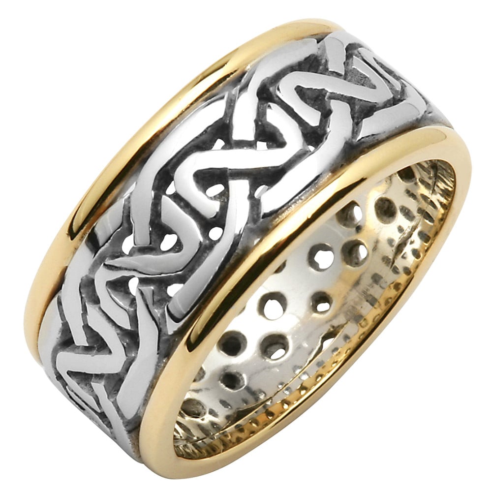 irish wedding ring - mens celtic knot pierced sheelin wedding band with yellow gold rims