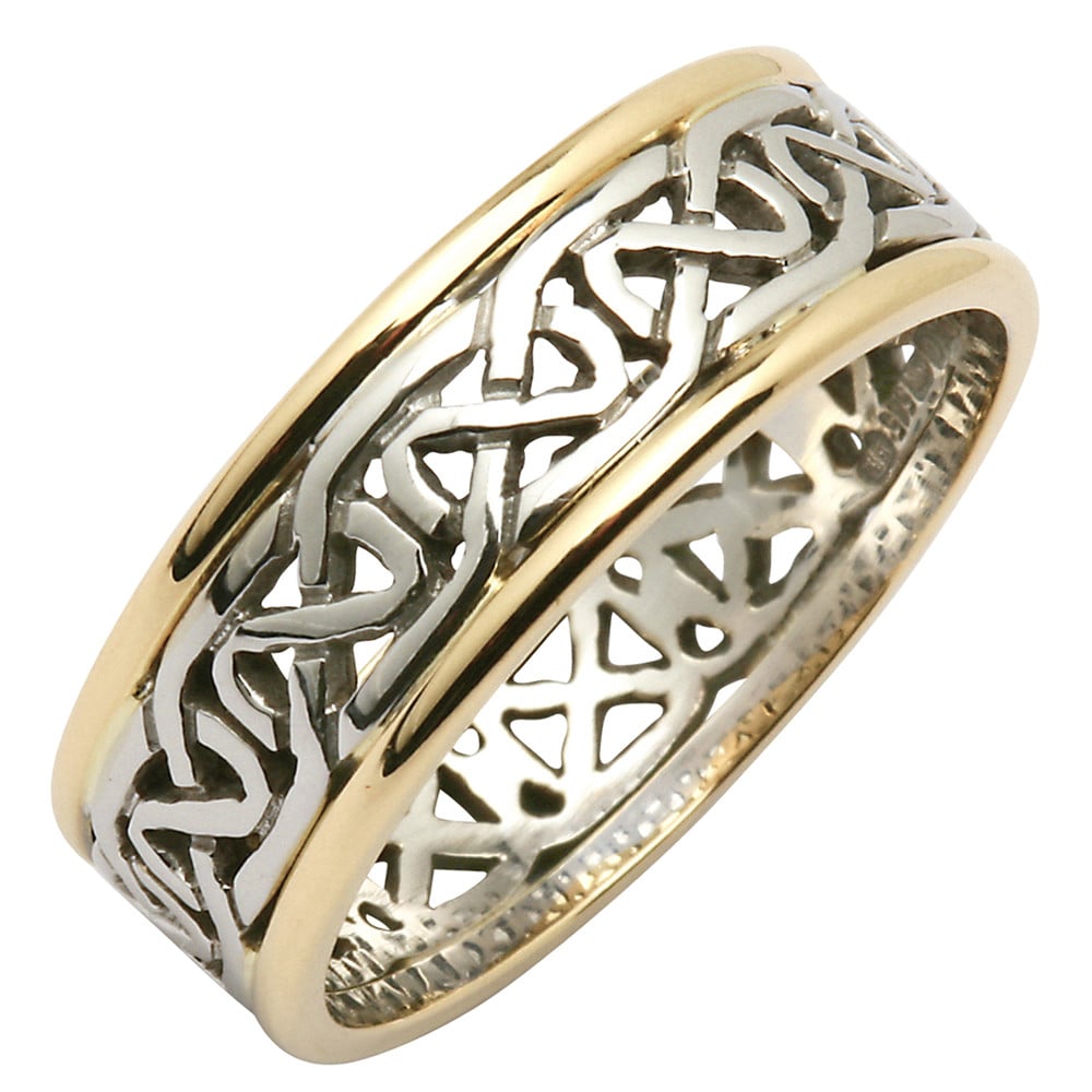 irish wedding ring - mens celtic knot narrow pierced sheelin wedding band with yellow gold rims