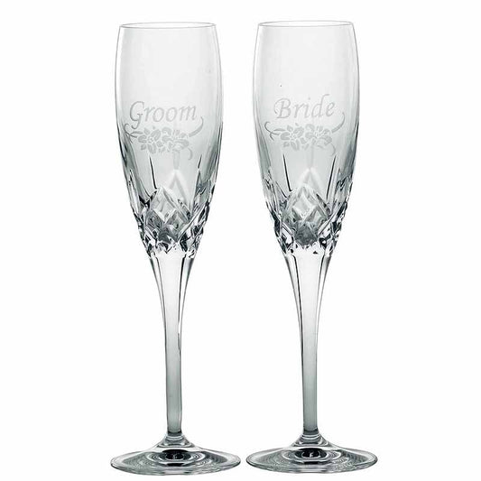 Galway Irish Crystal | Bride & Groom Flute Floral Spray Pair