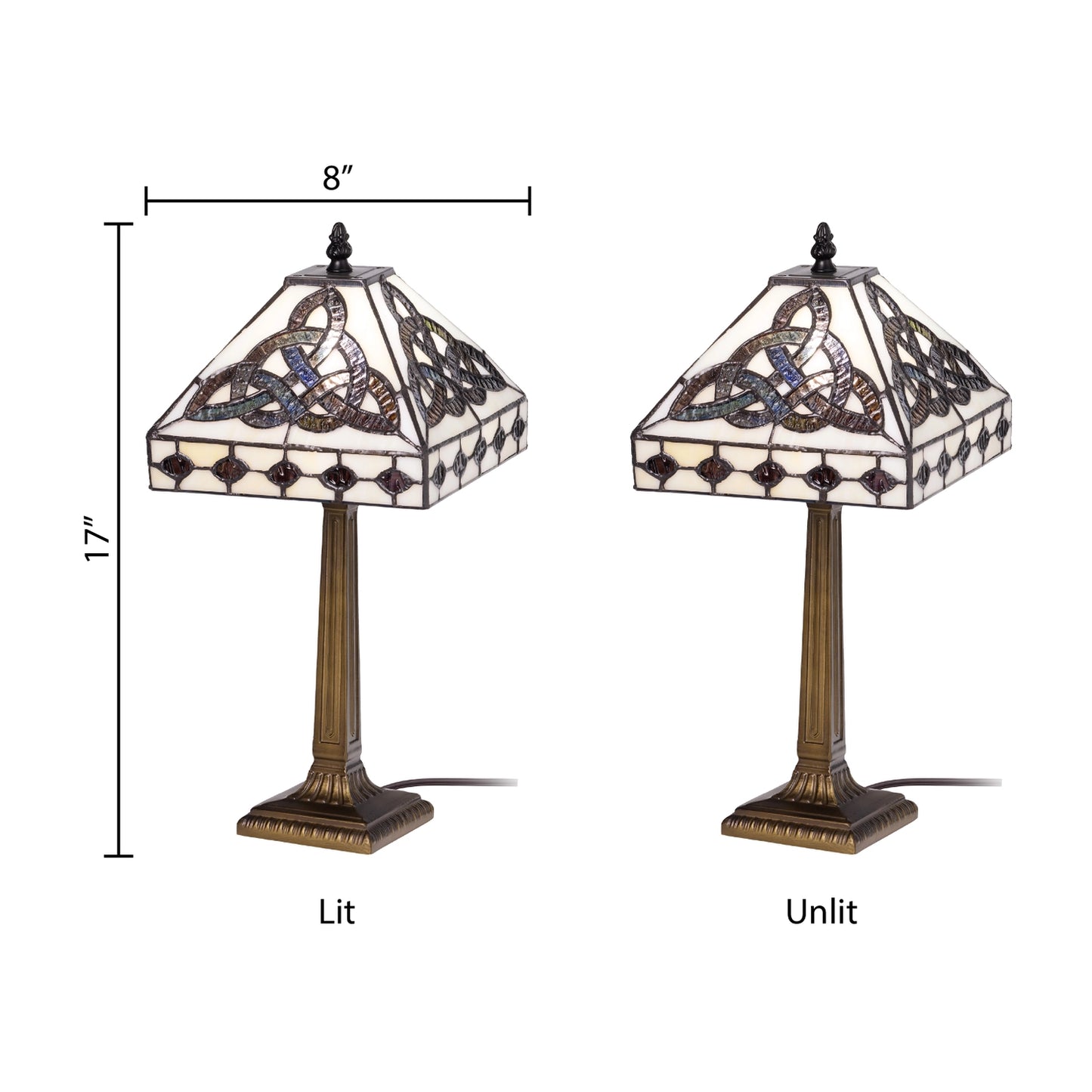 two views of celtic trinity knot stained glass table lamp on a white background, one labeled 'lit' and one labeled 'unlit', with dimension lines showing 8 inches wide and 17 inches tall.