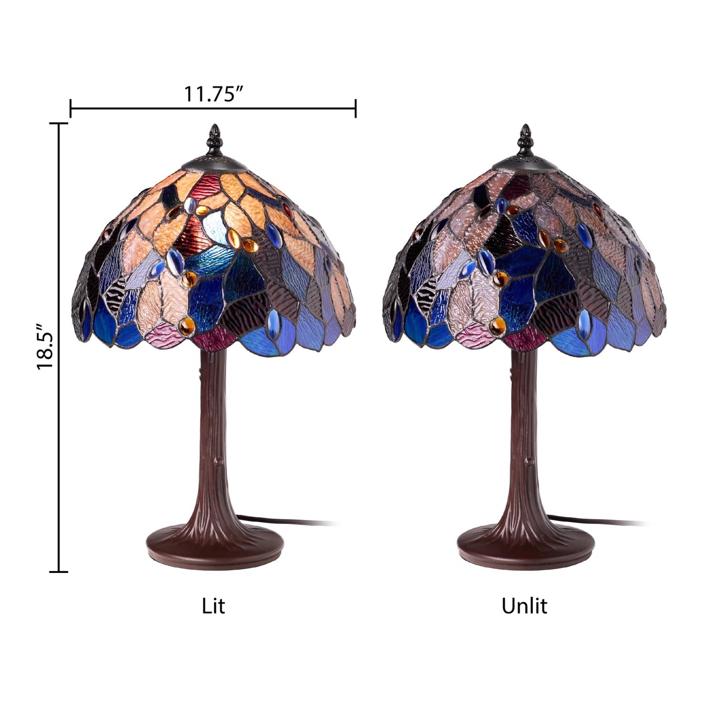 celtic stained glass fairy pool table lamps, one lit and one unlit, showing dimensions 18.5 inches tall x 11.75 inches wide.