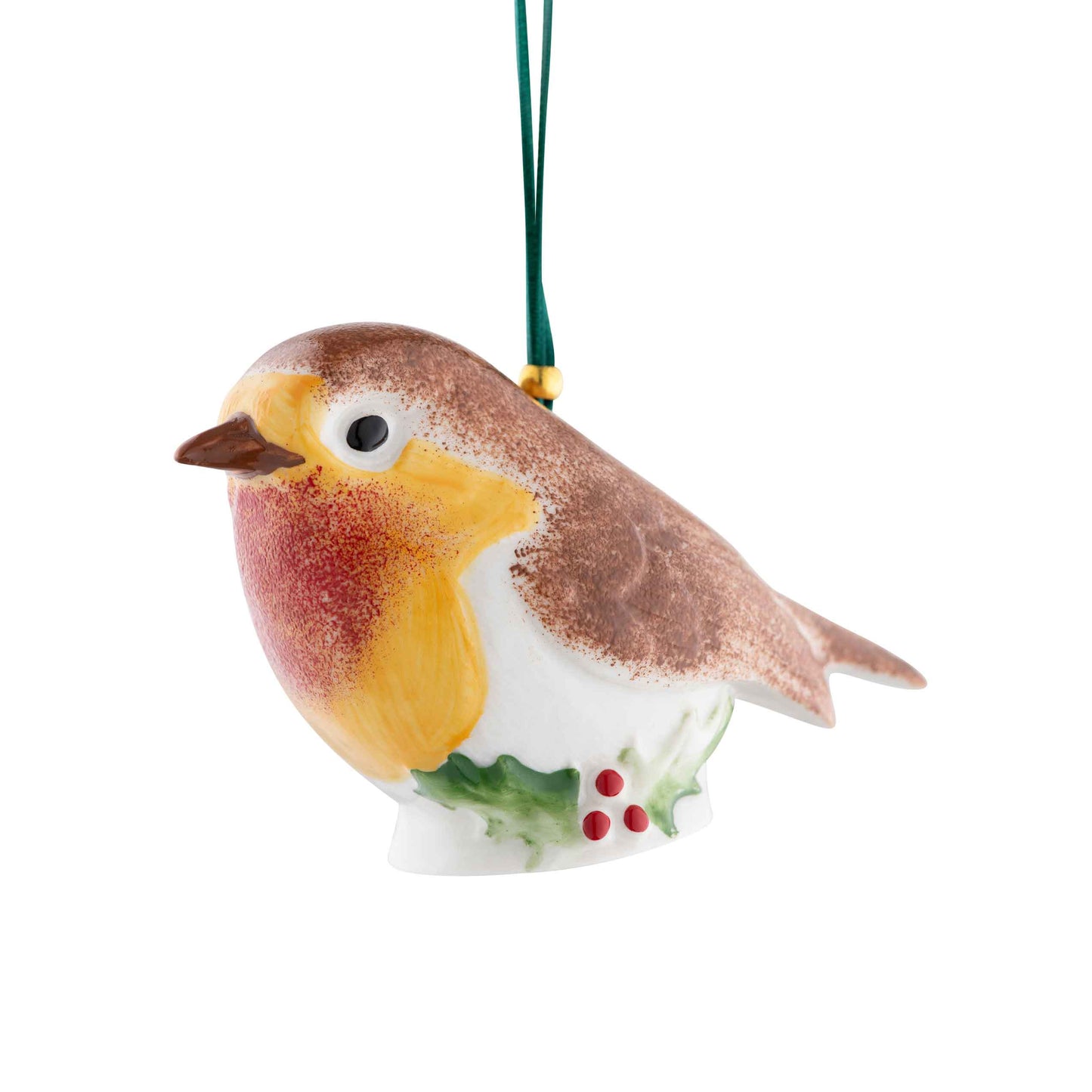 decorative belleek robin with holly hanging ornament