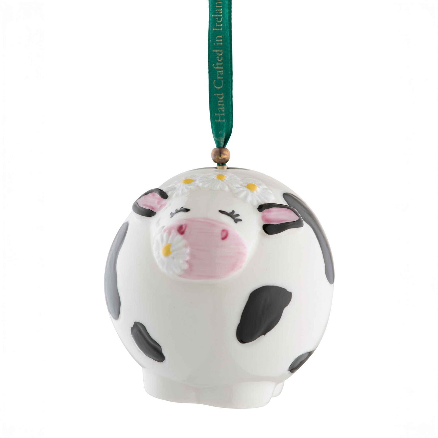 belleek daisy the cow ornament - a white cow-shaped hanging ornament with black spots