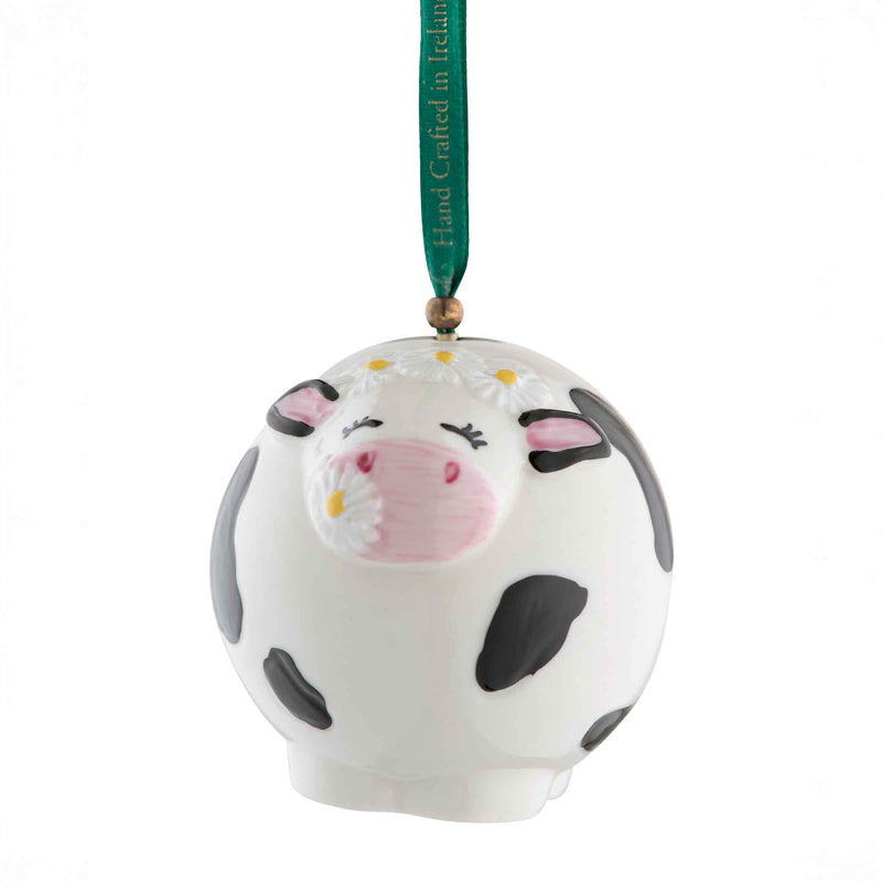 Belleek Daisy the Cow Ornament - A white cow-shaped hanging ornament with black spots