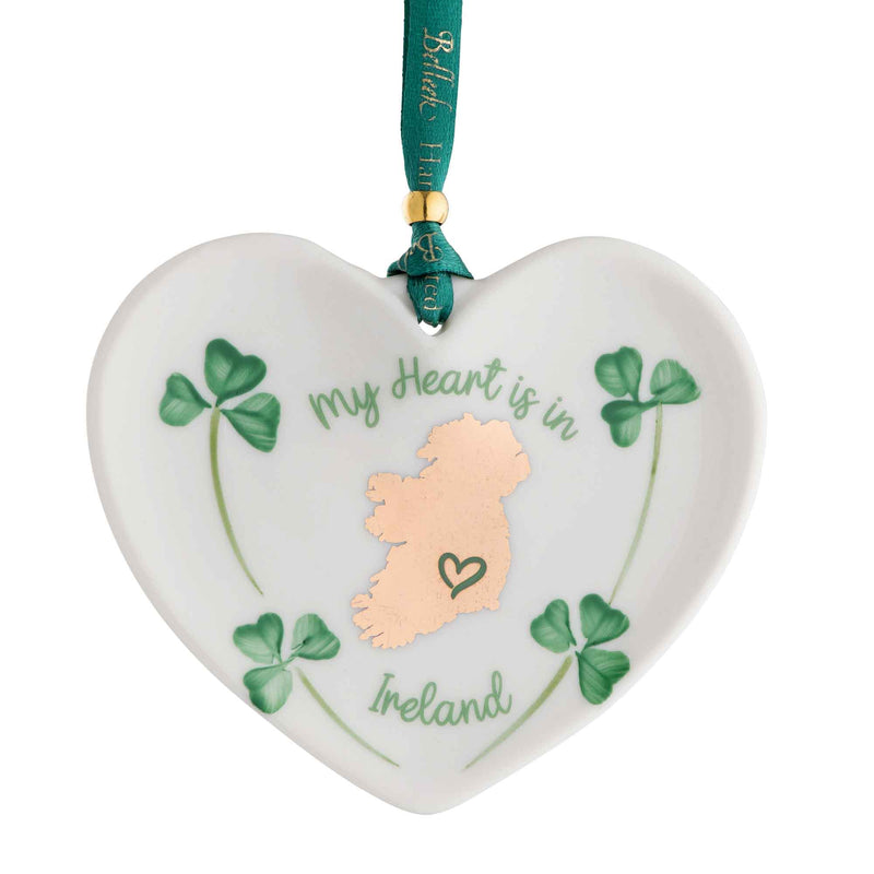 Belleek Heart-shaped ornament with shamrocks and 'My Heart is in Ireland' text on a white background