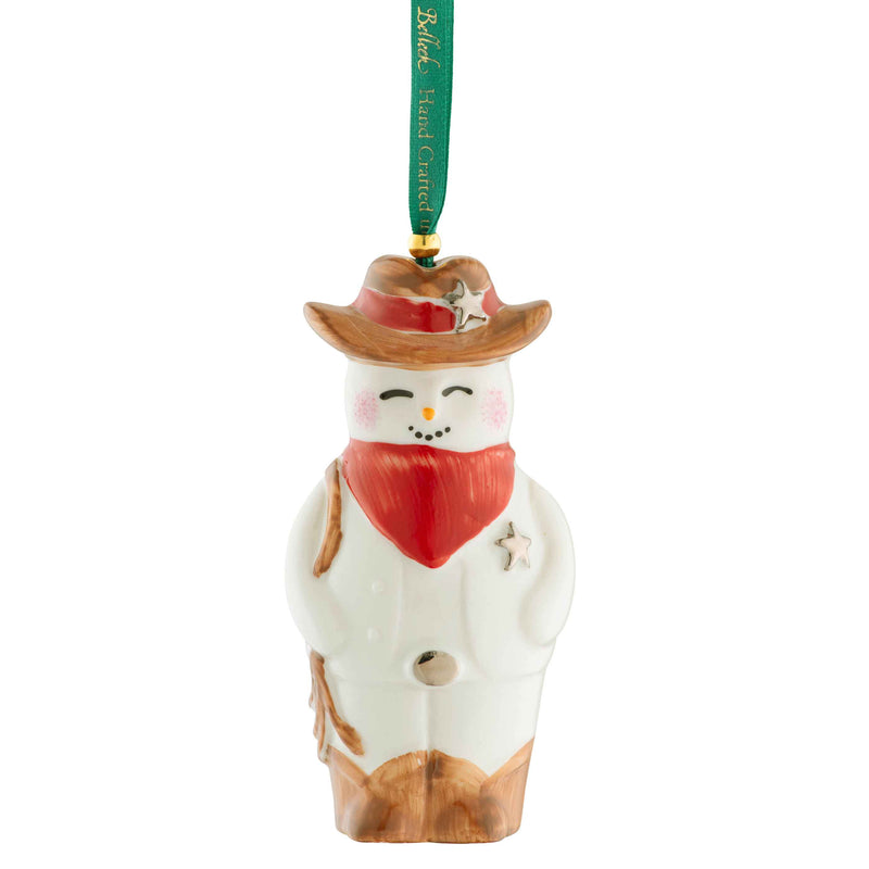 Belleek Wild West Snowman Ornament - A Christmas ornament shaped like a snowman wearing a cowboy hat and red neckerchief on a white background.