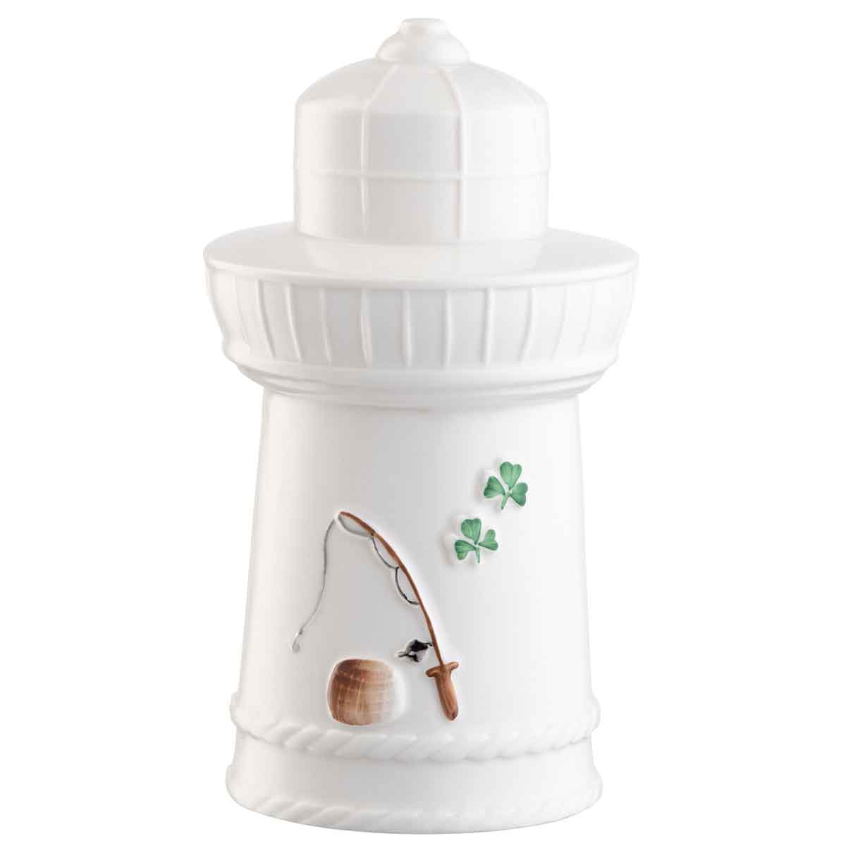 belleek pottery edition piece 2026 led irish lighthouse with embossed, hand painted fishing rod and shamrocks on a white background