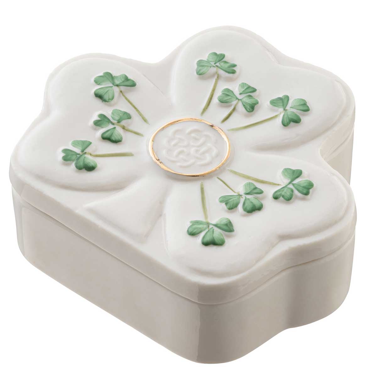 belleek pottery irish shamrock shaped trinket box on a white background