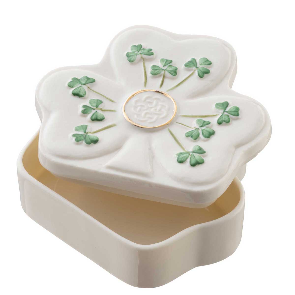 belleek pottery irish shamrock shaped trinket box with lid slightly open on a white background