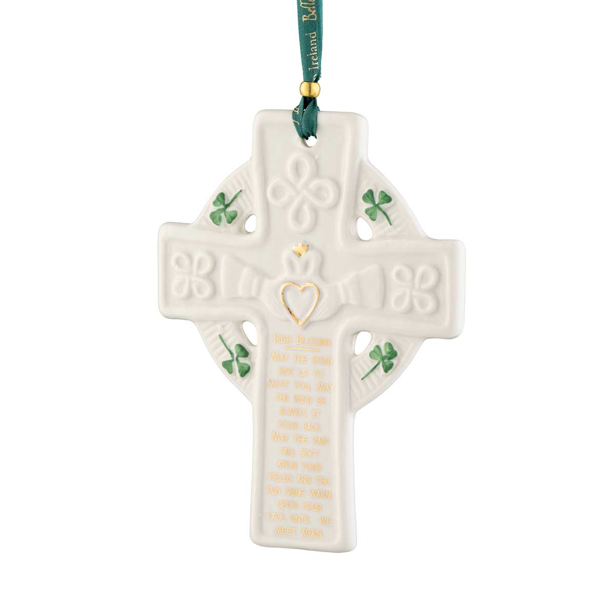 irish christmas belleek pottery claddagh blessing cross ornament hanging from a green ribbon on a white background