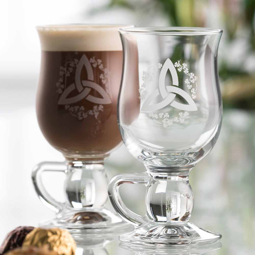 galway crystal shamrock & trinity knot latte glass mug pair