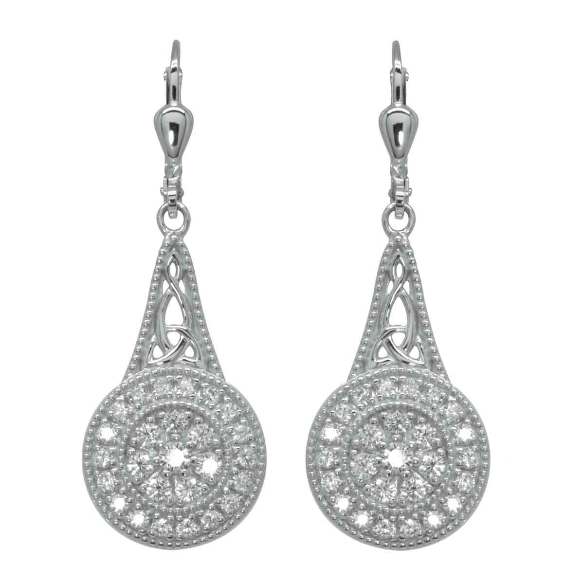irish earrings | rhodium plated sterling silver with crystal celtic trinity knot circle drop earrings