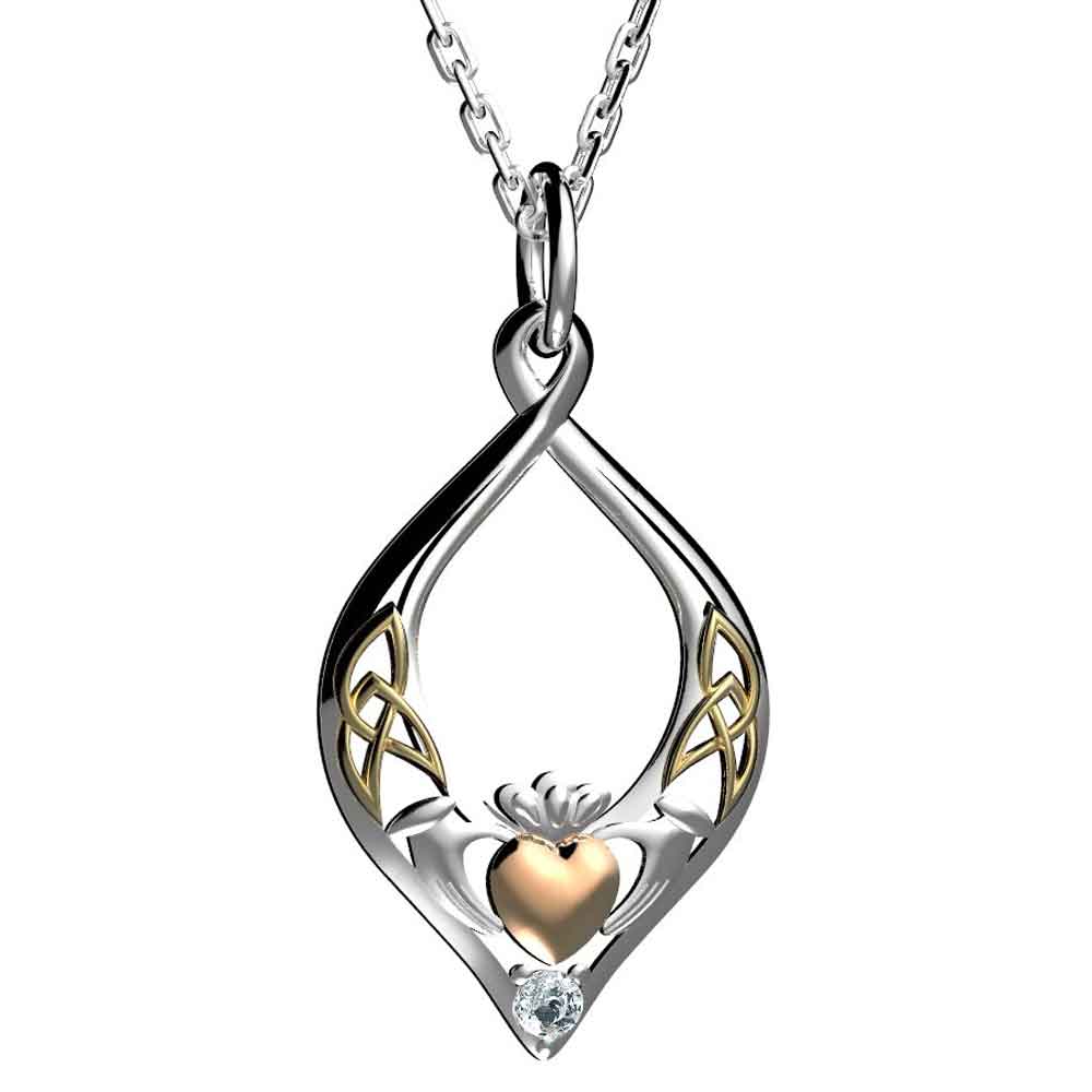 irish necklace | sterling silver rose gold heart crystal claddagh pendant with chain