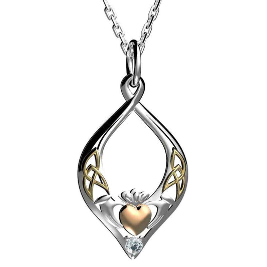 Irish Necklace | Sterling Silver Rose Gold Heart Crystal Claddagh Pendant with Chain
