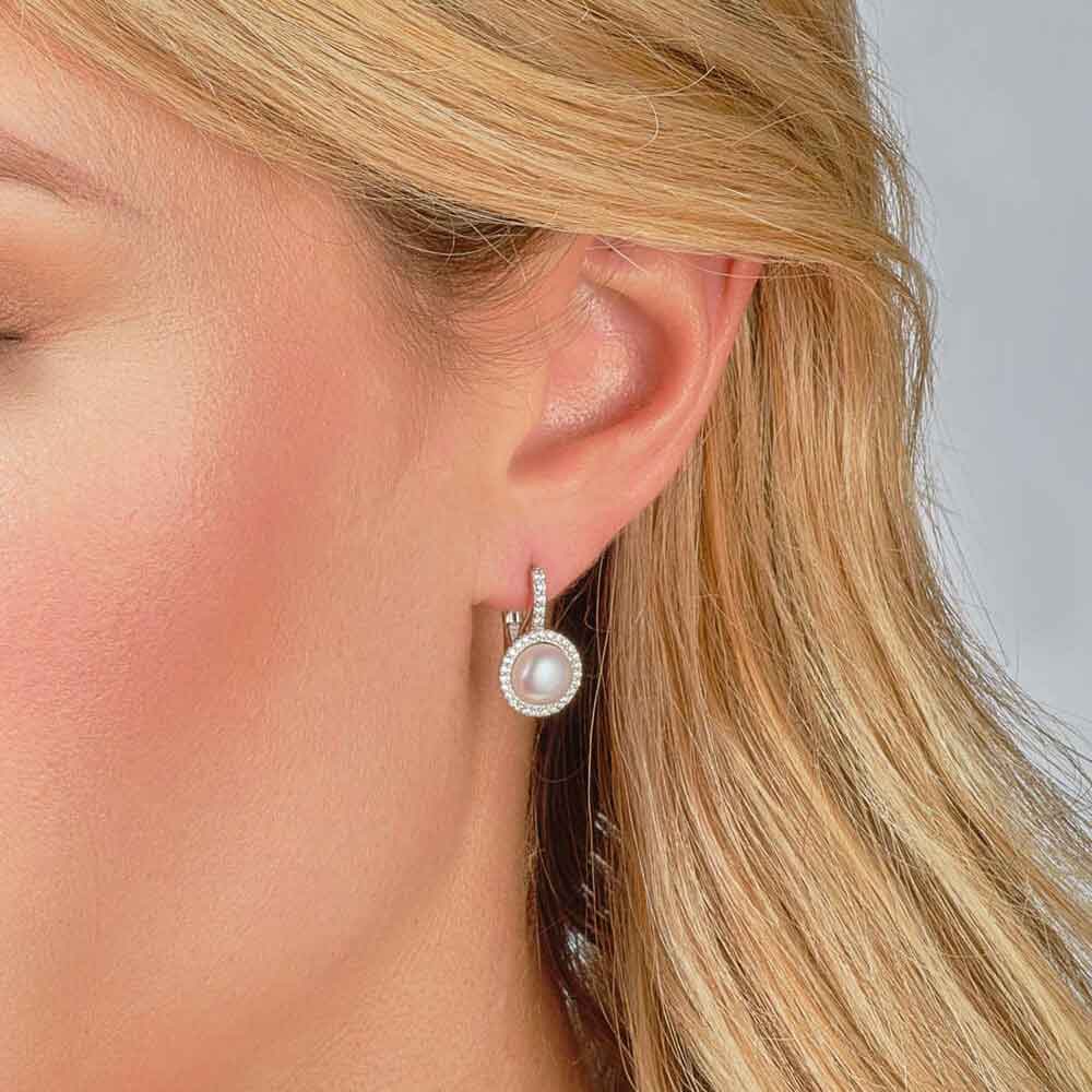 irish earrings | sterling silver crystal halo pearl huggie earrings