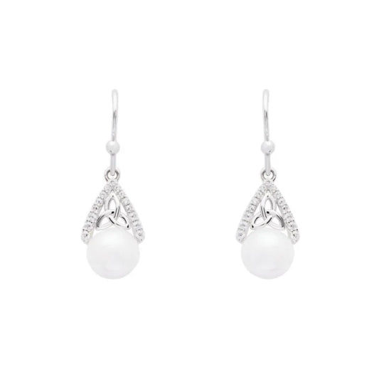 Irish Earrings | Sterling Silver CZ Trinity Knot Pearl Earrings