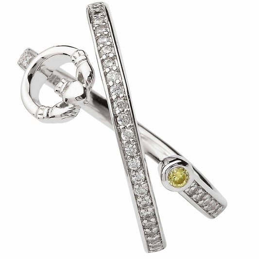 Irish Ring | Sterling Silver Crystal & Peridot Crossover Claddagh Ring