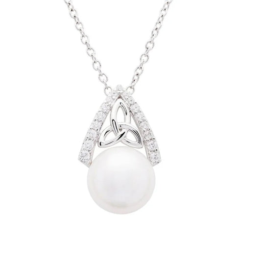 Irish Necklace | Sterling Silver CZ Trinity Knot Pearl Pendant