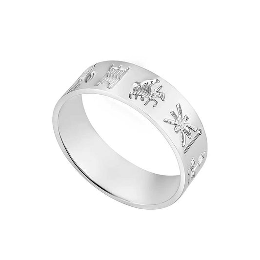 Sterling Silver History of Ireland ring with engraved designs on a white background