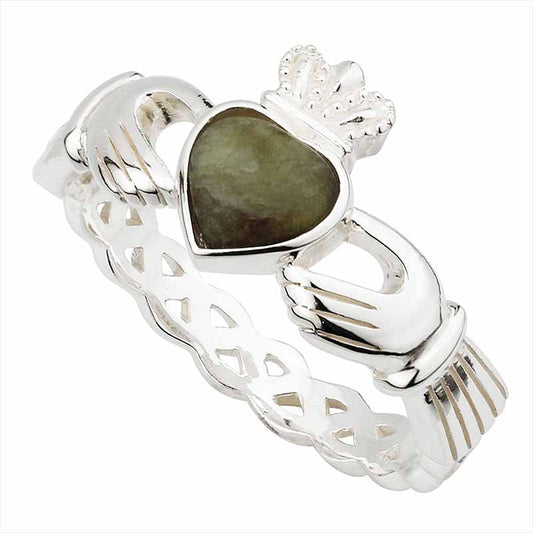 Claddagh Ring | Connemara Marble Sterling Silver Celtic Weave Irish Ring