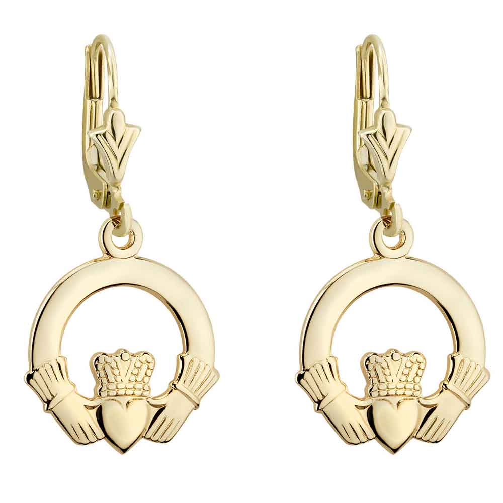 14k yellow gold claddagh drop earrings