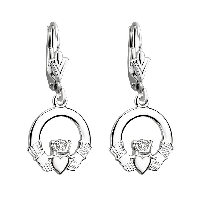 irish earrings | 14k white gold drop claddagh earrings