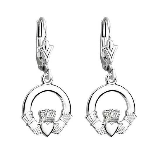 Irish Earrings | 14k White Gold Drop Claddagh Earrings