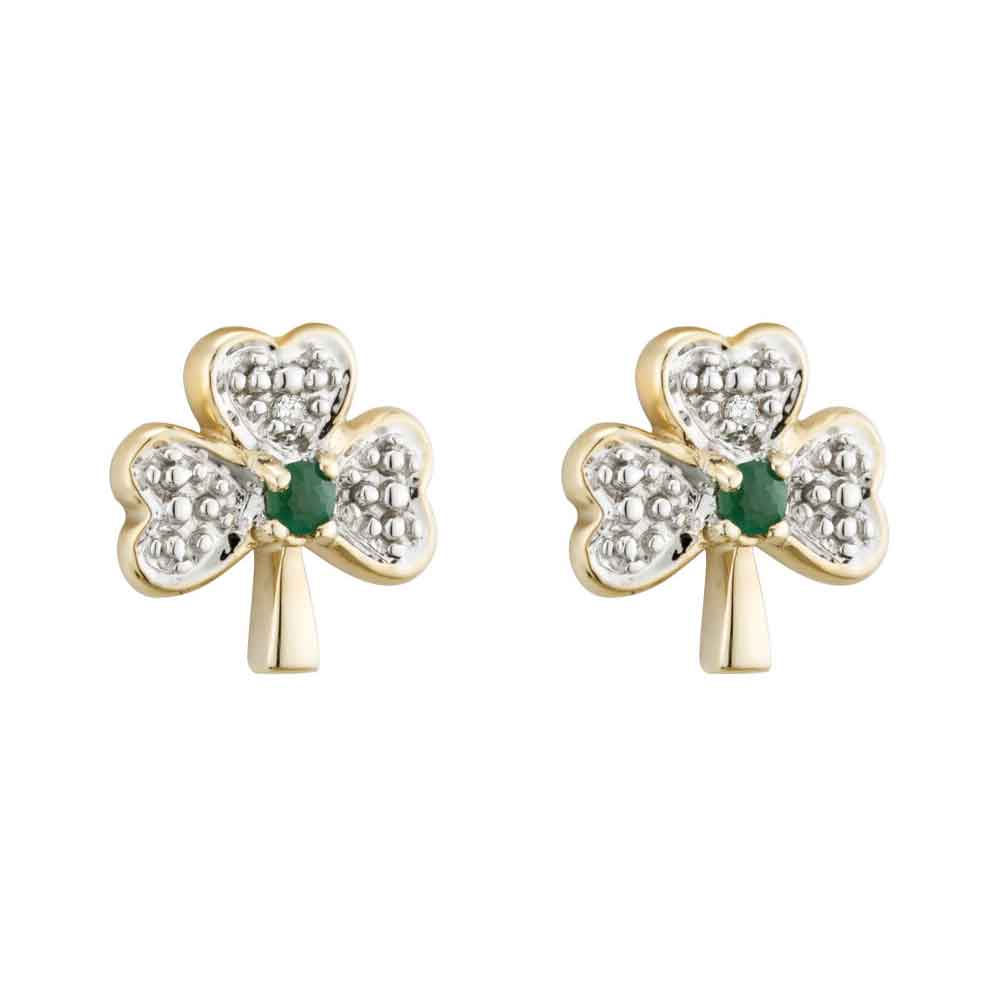 14k gold with shamrock emerald and diamond earrings
