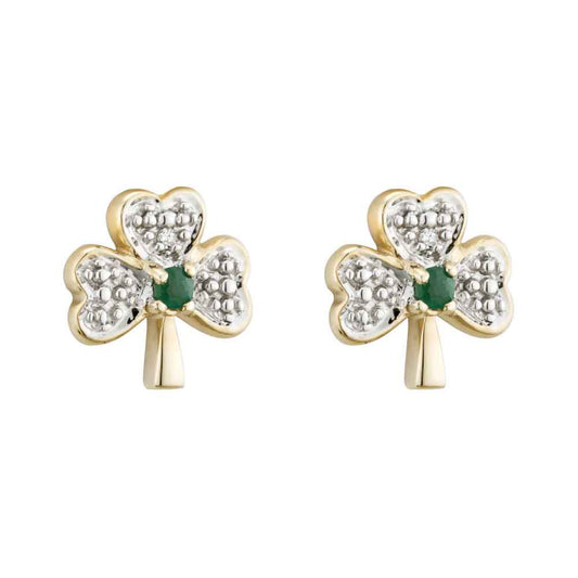 14k Gold with Shamrock Emerald and Diamond Earrings