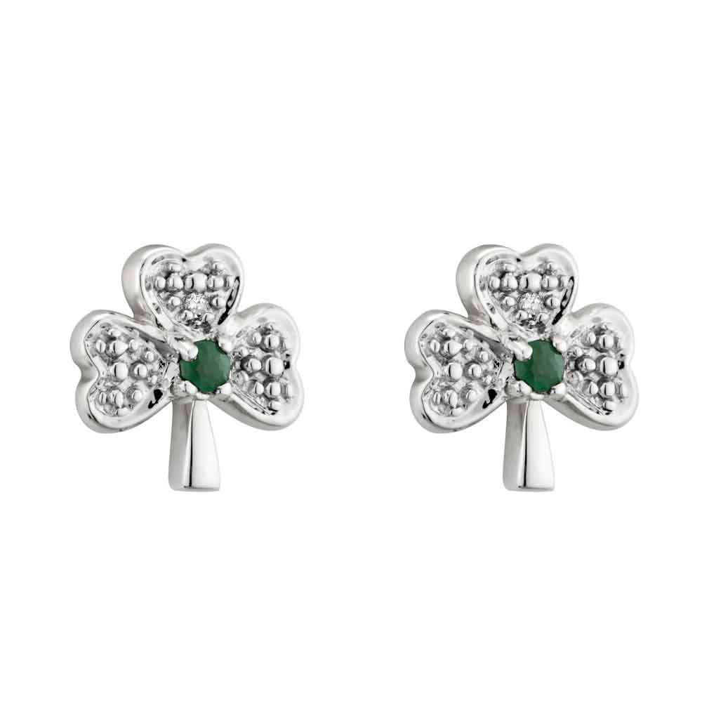 14k white gold with emerald and diamonds shamrock earrings