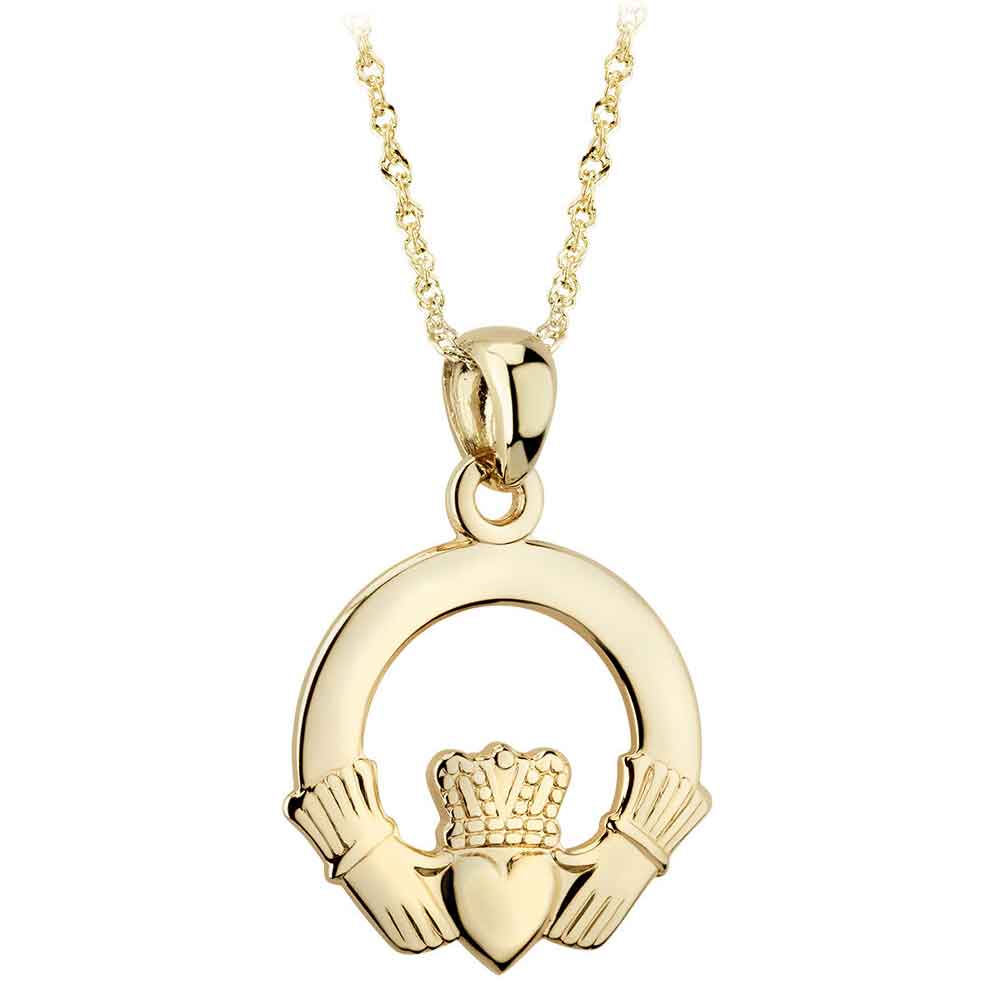 irish necklace - 14k yellow gold claddagh pendant with chain - large