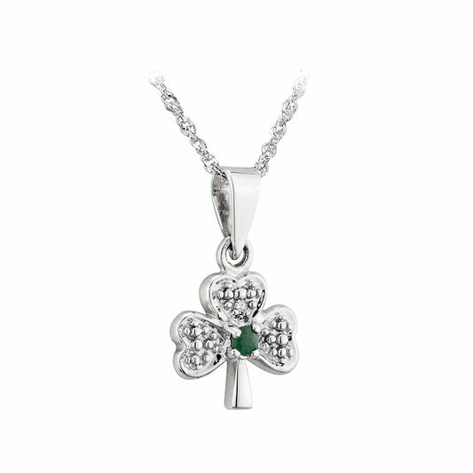 Irish Necklace | 14k White Gold Diamond & Emerald Dainty Shamrock Pendant
