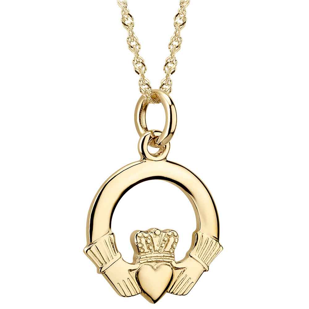 irish necklace - 14k yellow gold claddagh pendant with chain - medium