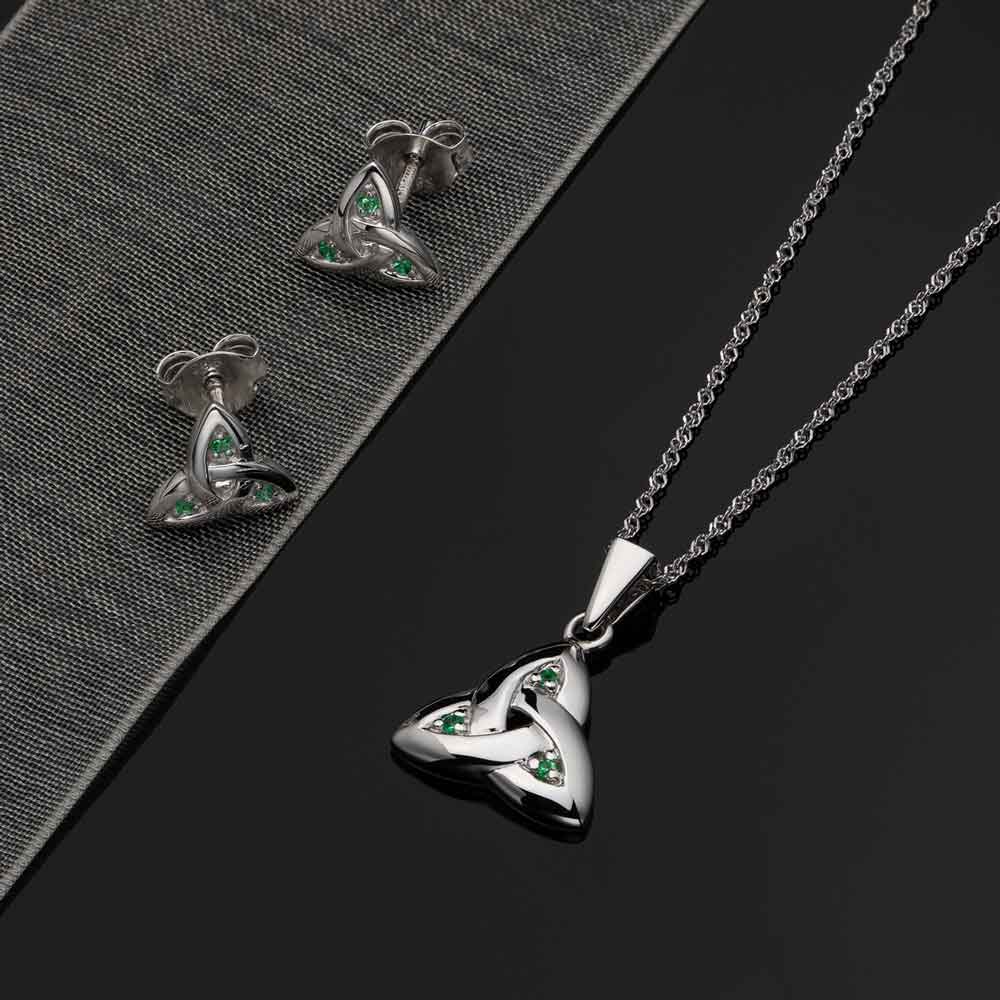 irish necklace - 14k white gold trinity knot with emeralds pendant with chain