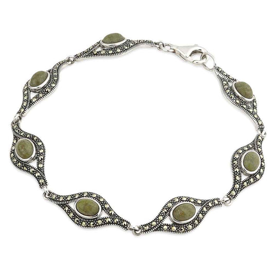 Sterling Silver Connemara Marble and Marcasite Link Bracelet