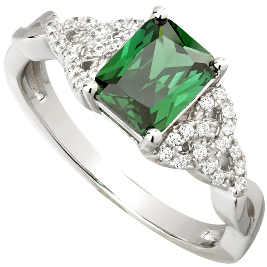 Irish Ring - Ladies Sterling Silver Green Crystal Celtic Trinity Knot Ring