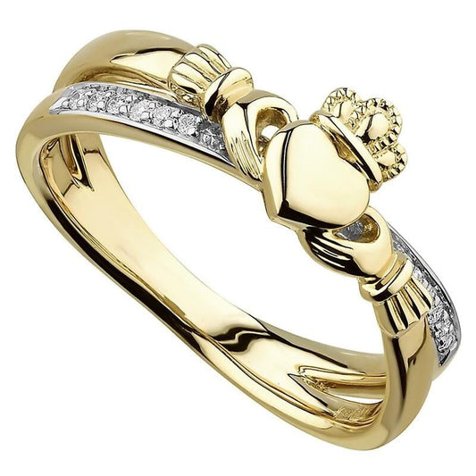 Irish Rings | 14k Gold Ladies Diamond Crossover Claddagh Ring